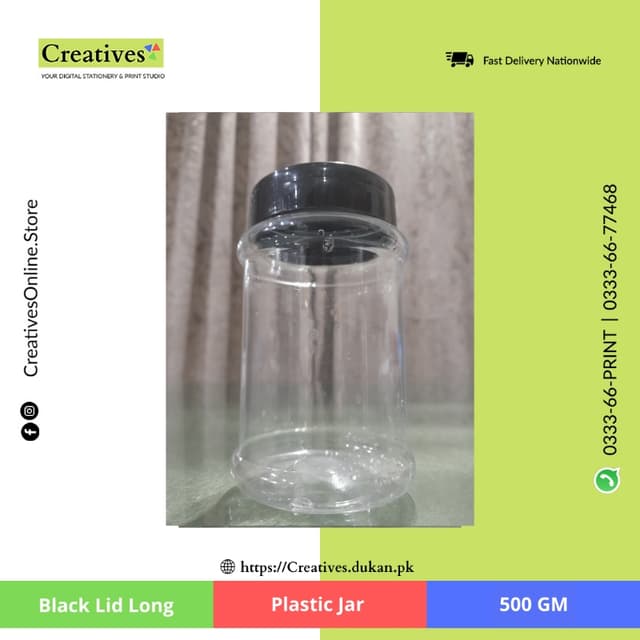 Plastic Jar Black Lid Long 500 gm