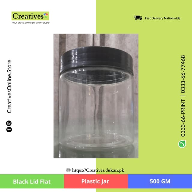 Plastic Jar Black Lid Flat 500 gm